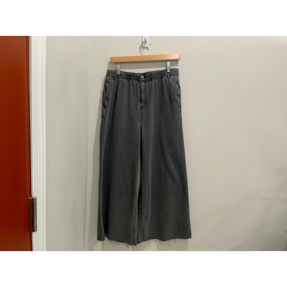 Womens‎ Grey Wide Leg Crop Jeans Raw Hem Elastic Waist Size L